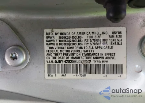 2006 Honda Element Lx z USA, uszkodzony, nr VIN 5J6YH28356L022342